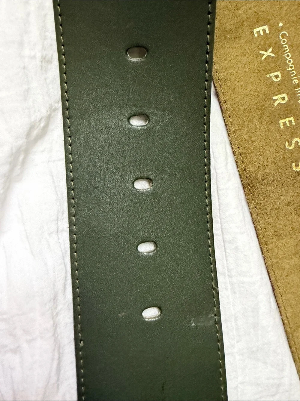 Express belt green leather strap brass buckle inlaid with mother of pearl size M